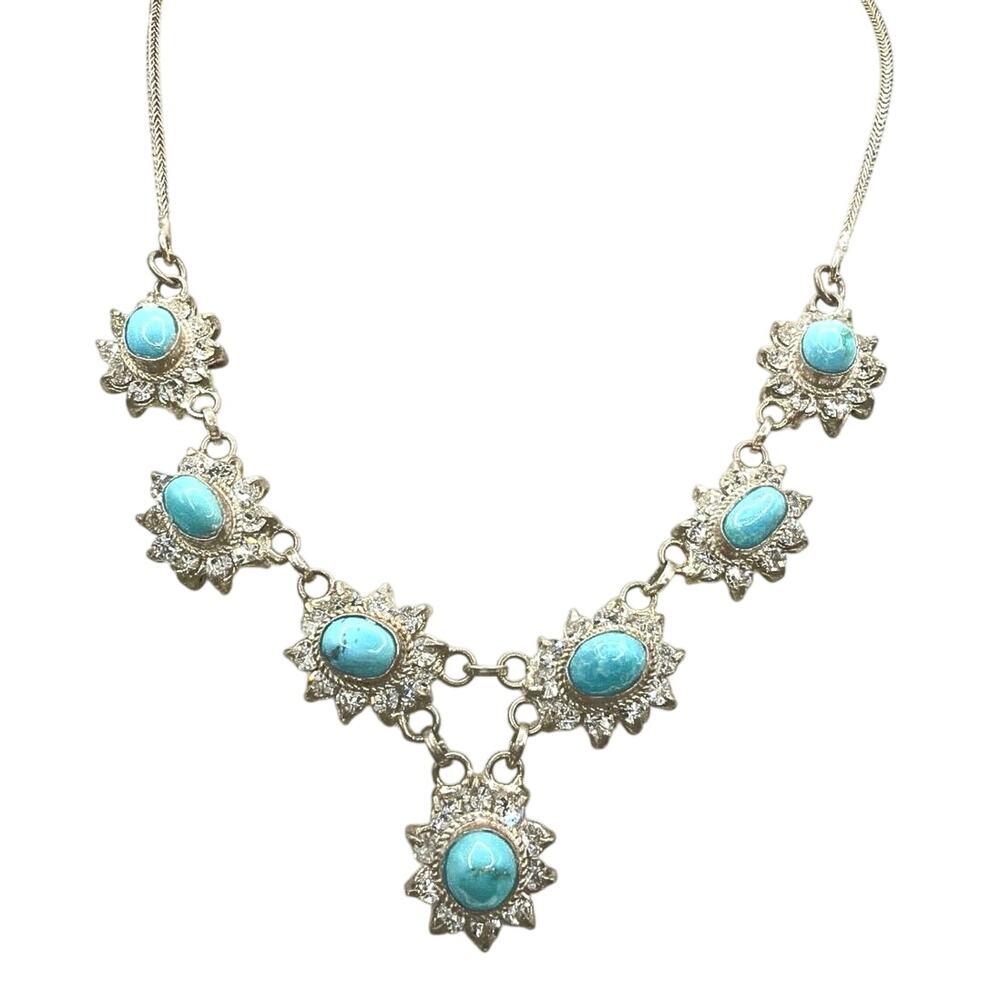 Sterling Silver and Turquoise Glass Tone Stones Vintage Dainty Necklace 16”